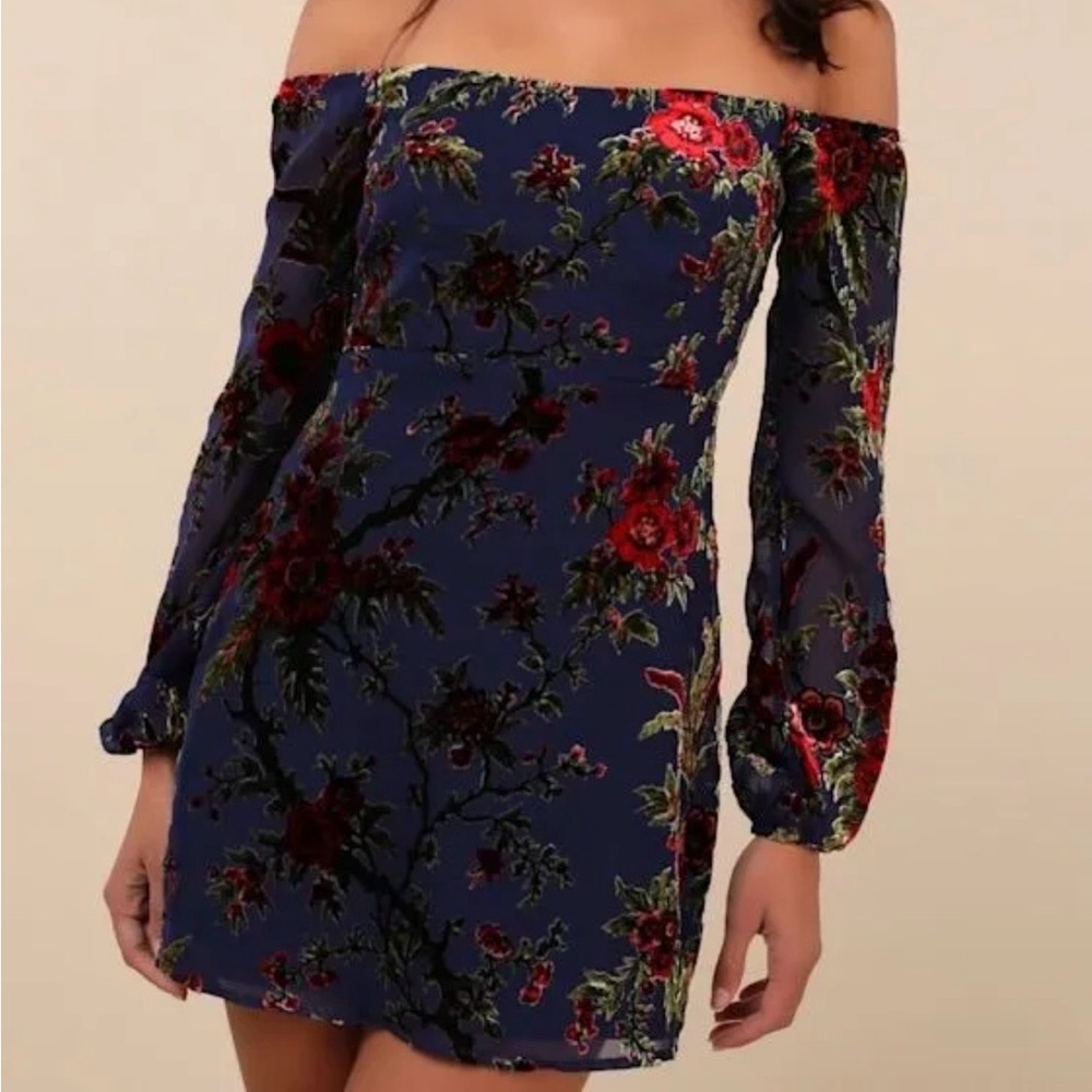 Lulus Velvet Floral Off-the-Shoulder A-line Mini Dress XS Dark Whimsigoth NEW